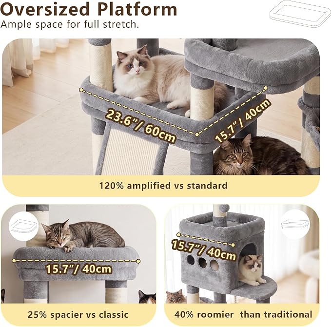 Heybly Cat Tree 72.4-Inch Anti-Tip Cat Tower with Spacious Perches HCT060W | All-in-One Cat Furniture for Large Cats, Multiple Interactive Areas, Extra-Large Sisal Scratching Board, Light Gray