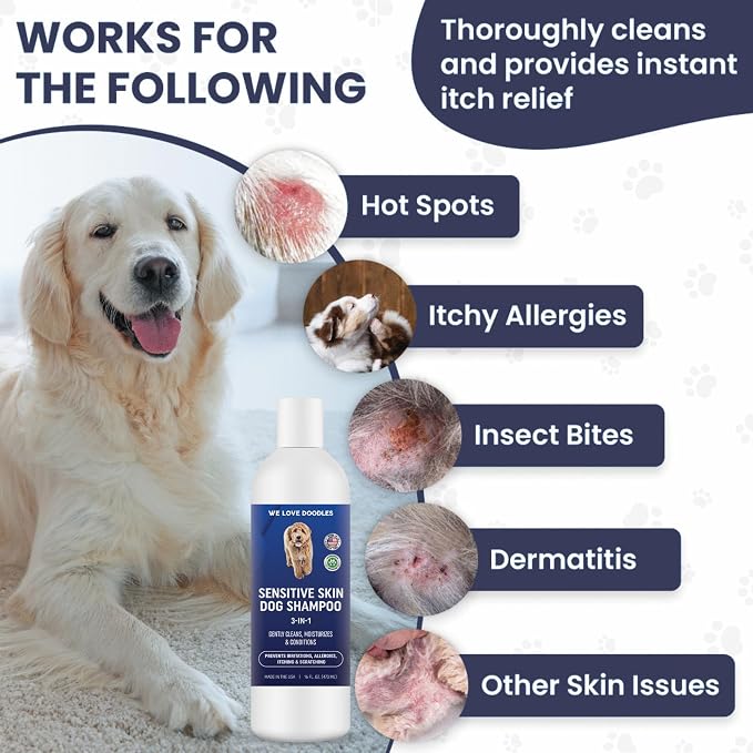 Dog Shampoo for Sensitive Skin with Oatmeal & Aloe, Hypoallegenic Tearless | Soothes Itching, Scratching & Allergies, Natural Sensitive Skin Dog Shampoo, Tear Free For Cats & Pets, 16OZ, Made in USA
