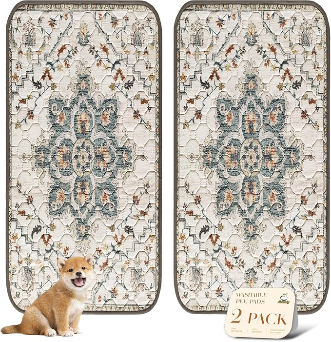 nunubaby Washable Pee Pads for Dogs, Stylish, Non-Slip and Leak-Proof Pee Pads. Reusable Potty Pads for Dogs for Crates and Floors.(Beige/Floral, 36" x72")