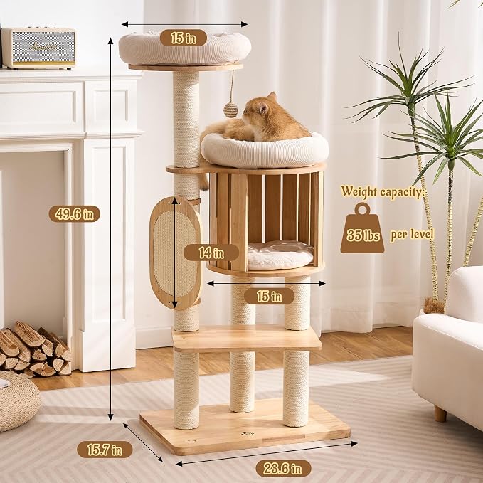 50" Modern Cat Tree for Indoor Cats Small to Medium, Solid Wood Cat Tower with Sisal Scratching Posts, Cat Scratcher Cardboard, Cozy Cat Beds & Hidden Cat Condo, Multi-Level Cat Furniture