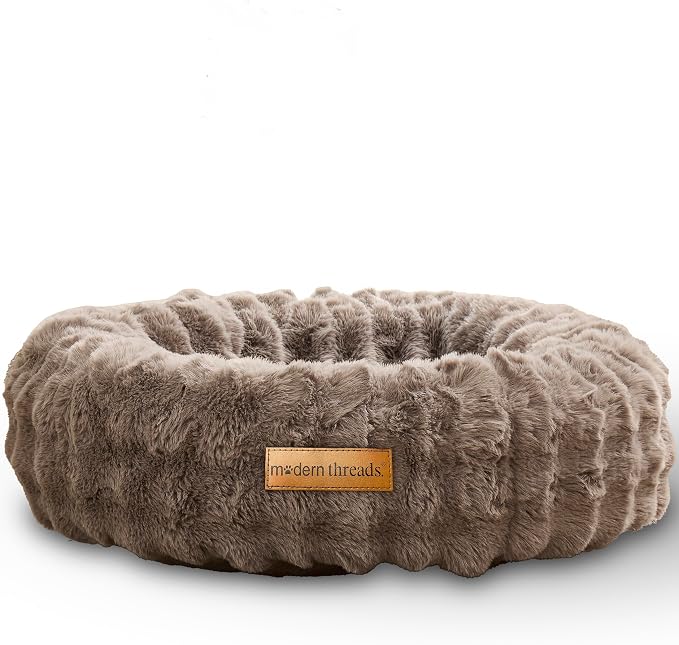 Modern Threads Calming Donut Dog Bed for Medium Dogs, Plush Round Faux Fur Pet Bed with Raised Bolster, Soft Washable Dog Bed, 30x30x9, Taupe