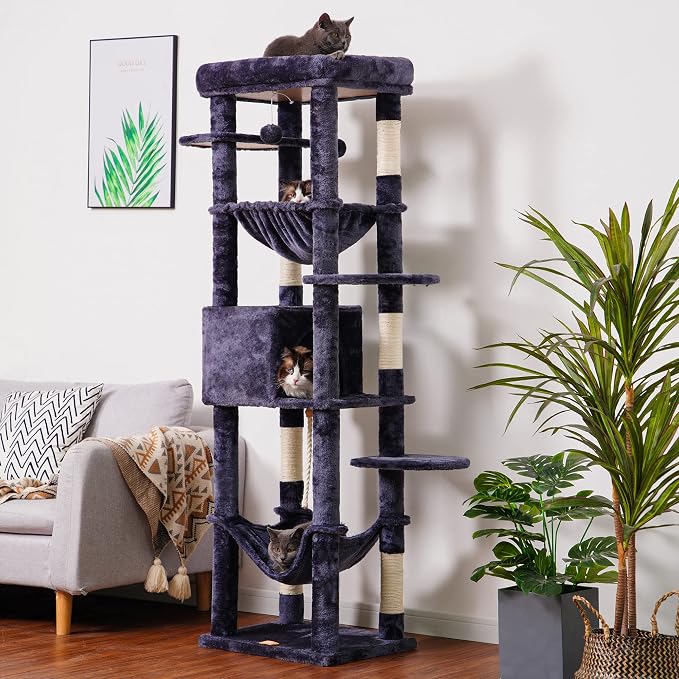 Heybly Cat Tree for Large Cats 20 lbs, 69 inches Cat Tower HCT031G | Heavy Duty Cat Condo for Indoor Cats, Multi-Level Furniture with Big Padded Plush Perch, Cozy Basket, Smoky Gray