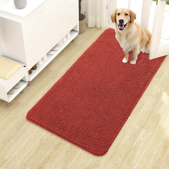 OLANLY Dog Door Mat for Muddy Paws 40x24, Super Absorbent Chenille Mud Mat | Maple Red, Absorbs Moisture and Dirt, Non-Slip Machine Washable Doormat, Quick-Drying Indoor Entryway Floor Carpet for Dogs