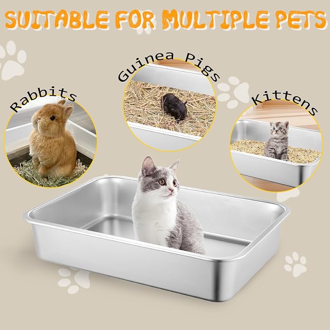 2 Pack Stainless Steel Cat Litter Box, 17.7"×13.8"×2.8" Metal Litter Pan, Small Litter Box for Little Cats Kittens, Easy Cleaning