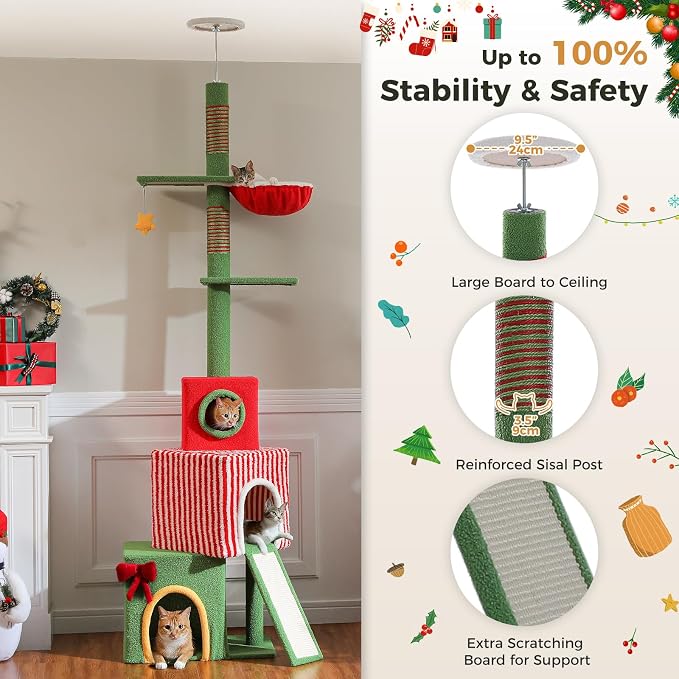 PEQULTI 83-108'' Floor to Ceiling Cat Tree for Large Adult Cats, Christmas Cat Tower with Adjustable Height with 3 Large Condos, Plush Hammock, Thick Scratching Posts, Red/Green