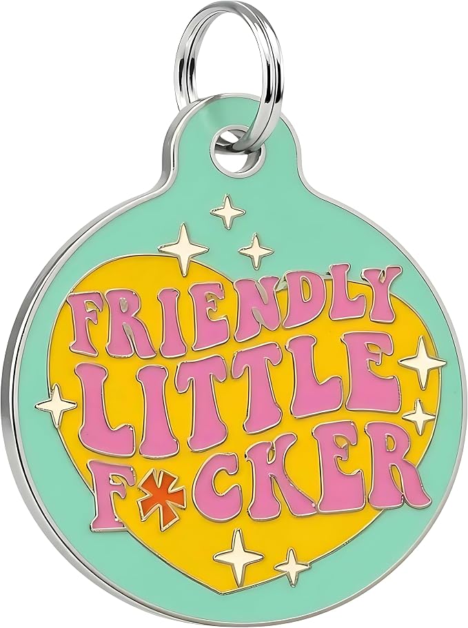 Bad Tags Personalized Dog and Cat ID Tags in 25+ Designs and 2 Sizes - 5 Lines of Custom Engraved Text - Funny Cute Personalized Pet Tags (Friendly Little F*cker, Large (1.25 inch))
