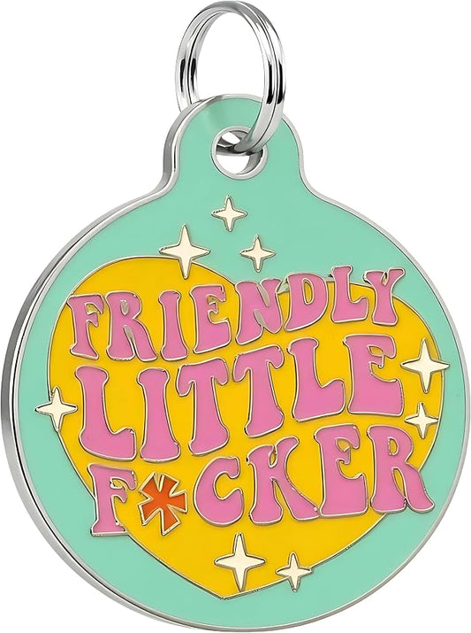 Bad Tags Personalized Dog and Cat ID Tags in 25+ Designs and 2 Sizes - 5 Lines of Custom Engraved Text - Funny Cute Personalized Pet Tags (Friendly Little F*cker, Large (1.25 inch))
