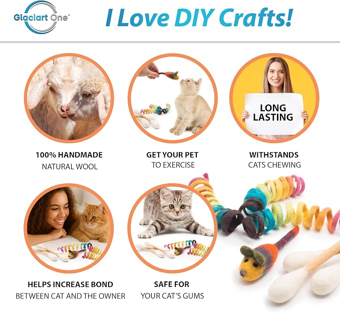 Glaciart One Indoor Catnip Cat Toy Pack - 7pc | Kitty Toys Include Wool Springs, Swabs & Mouse | for Activity, Exercise & Play | Filled w/Organic Catnip to Excite/Calm Pet | Great Gift Idea