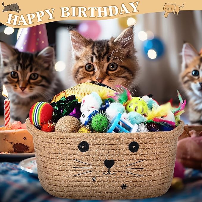 Zopeal 58 Pcs Summer Cat Storage Basket Gift Toys Set, Colorful Flashing Balls Pet Bell Crinkle Balls Spring Toys Attract Cat to Swat, Hunt, Interactive for Pet(Khaki,9.8 Inch)
