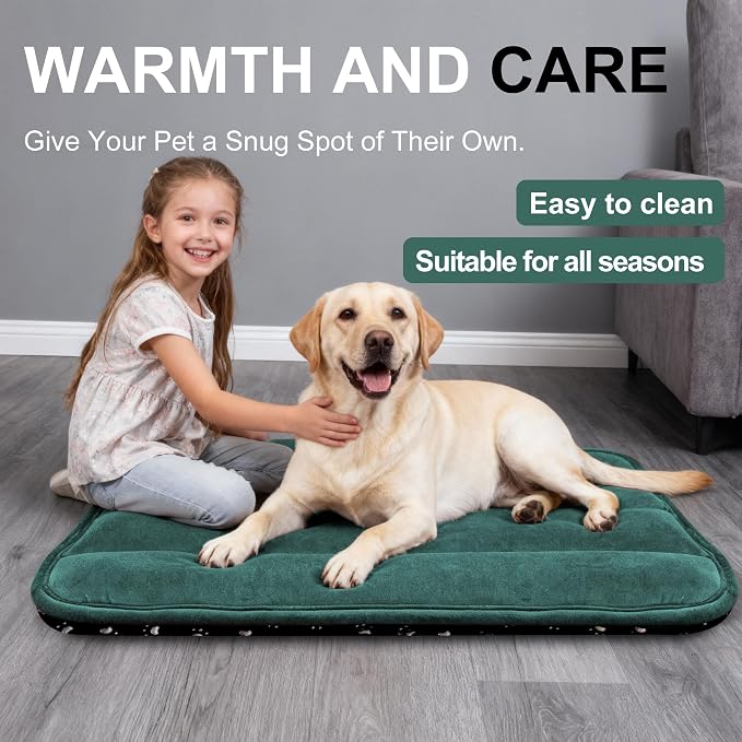Dog Bed Mat, Reversible Dog Crate Pad with Washable Kennel Mat and Soft Foam, Flat Pet Bed for Dogs & Cats, for Crates Carriers & Travel (Green, 34" L*20" W*1.5" Th)