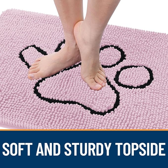 OLANLY Dog Door Mat for Muddy Paws 30x20, Paw Print Design Chenille Mud Mat | Dusty Rose, Absorbent, Traps Moisture and Dirt, Non-Slip Washable Doormat, Quick-Drying Indoor Entryway Floor Carpet for Dogs