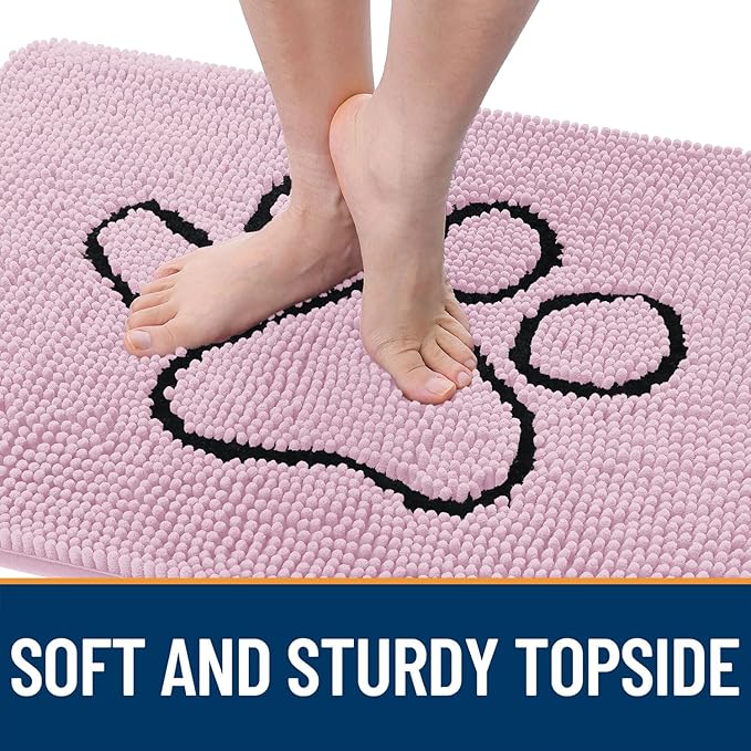 OLANLY Dog Door Mat for Muddy Paws 36x24, Paw Print Design Chenille Mud Mat | Dusty Rose, Absorbent, Traps Moisture and Dirt, Non-Slip Washable Doormat, Quick-Drying Indoor Entryway Floor Carpet for Dogs