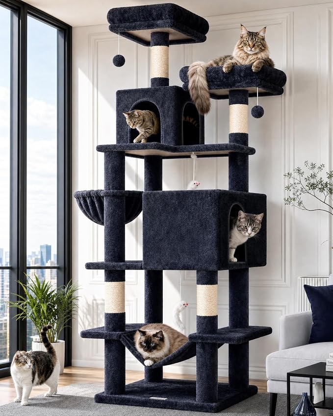 Globlazer Extra Tall Cat Tree Tower for Indoor Cats, 76in, F76, Dark Grey | Multi-Level Cat Furniture with Cozy Condos,Hammock and Perches for Large Adult Cats, Perfect for Climbing, Scratching