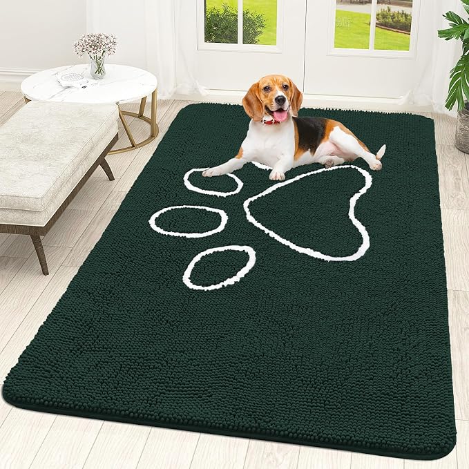 OLANLY Dog Door Mat for Muddy Paws 59x35, Paw Print Design Chenille Mud Mat | Blackish Green, Absorbent, Traps Moisture and Dirt, Non-Slip Washable Doormat, Quick-Dry Indoor Entryway Carpet for Dogs