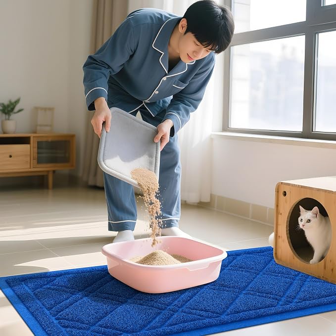 Smiry Cat Litter Box Mat 36x24, Non-Slip Water Resistant Litter Trapping Mat, Easy Clean Less Waste and Urine-Locking Cat Carpet for Indoor, Blue