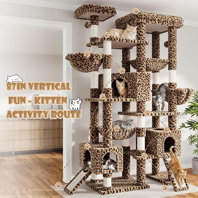Sha Cerlin 87 in Multi-Level Tall Cat Tree Tower for Large Cats/Extra Wide Feline Activity Center/Sisal Scratching Posts/Wide Base/Cozy Plush Perches/Baskets/Hammocks/Toy Balls/Leopard Print