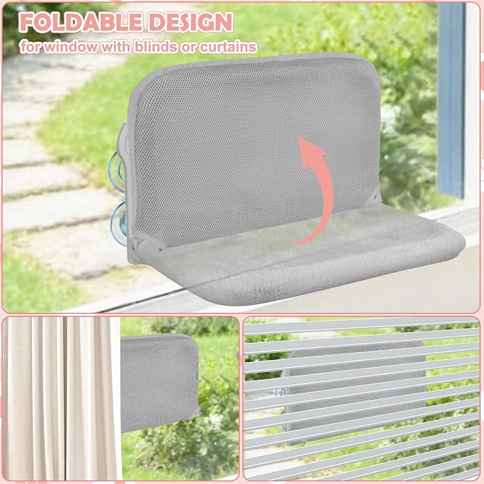 2 Pack Large Size Cat Window Perch,Cat Window Hammock Cordless Foldable Window Bed with 4 Large Strong Suction Cup,Reversible Cushion Cover,Metal Frame Easy to Adjust Window Seat (Gray,L)