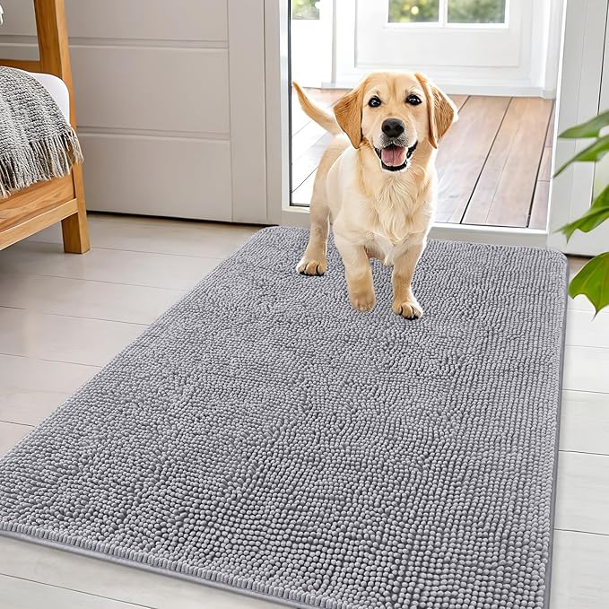 OLANLY Dog Door Mat for Muddy Paws 44x32, Super Absorbent Chenille Mud Mat | Light Grey, Absorbs Moisture and Dirt, Non-Slip Machine Washable Doormat, Quick-Drying Indoor Entryway Floor Carpet for Dogs