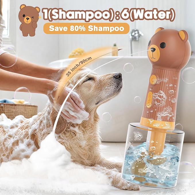 Dog Foam Maker, Rechargeable Pet Bath Foam Dispenser Cartoon Bear 400ml Soap Sprayer with 1200mAh Battery, IPX7 Waterproof Dog Shampoo Frother for Gentle Cleaning, Multi-Use for Home & Outdoor, Brown