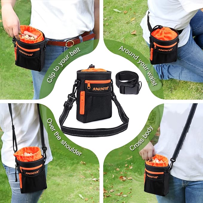 AMZNOVA Dog Treat Pouch Treatnow Dog Treat Bag, 6 Cups, Black | Training Pouch with Waist Belt & Clicker for Training & Walking, Waist Clip On Snack Fanny Pack for Pet