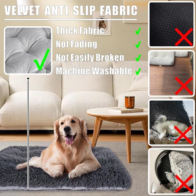 Machine Washable Dog Bed, Deluxe Plush Dog Crate Pad and Cat Bed, Anti-Slip Bottom Kennel Pad Mat, Fuzzy Pet Beds for Large, Medium, Small Dogs Breeds (Dark Grey, 36.0"L x 24.0"W x 3.0"Th x 1 Pack)