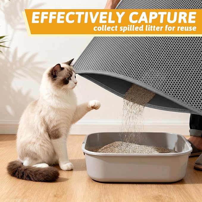 Pieviev Cat Litter Box Mat, Double-Layer Urineproof Design, 47" x 36" Gray | Honeycomb Litter Trapping Mat Captures Scattered Particles to Stop Tracking, Waterproof Base Protects Floors, Easy to Clean