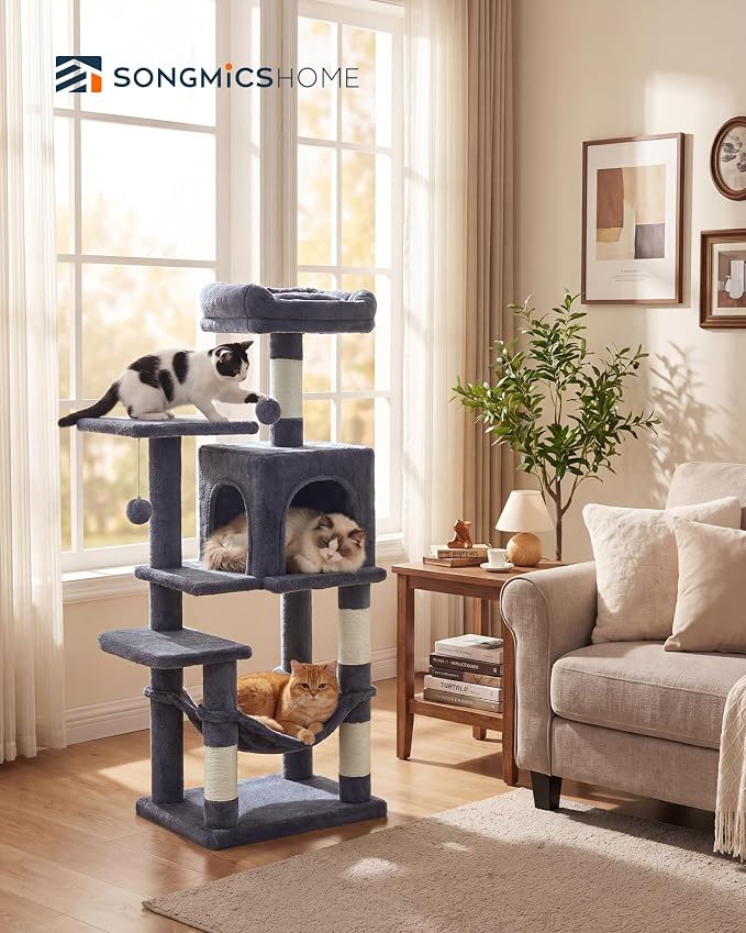SONGMICS HOME Cat Tree for Indoor Cats, Multi-Level Tower Condo with Sisal Scratching Posts, Hammock and Condo, Dark Gray