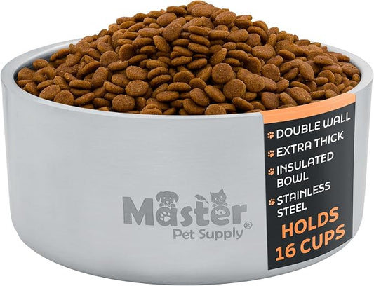 Master Pet Supply Stainless Steel Dog Bowls - 128 oz, Heavy Duty - Stainless Steel, Double Wall Extra-Thick Insulated, Non-Slip Pet Water Bowl for Dogs, Cats & Pets, Anti Rust Metal, Dish Washer Safe