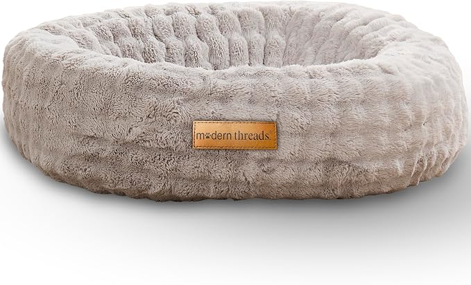 Modern Threads Calming Donut Dog Bed for Medium Dogs, Plush Round Faux Fur Pet Bed with Raised Bolster, Soft Washable Dog Bed, 30x30x9, Gray