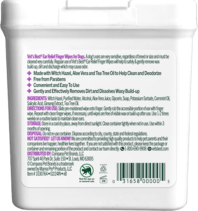 Vet's Best Ear Relief Finger Wipes | Ear Cleansing Finger Wipes for Dogs | Sooths & Deodorizes | 50 Disposable Wipes | Ear Cleansing Finger Wipes, Helps Clean, Deodorize & Refresh Ears, Gentle Disposable Wipes for Dogs
