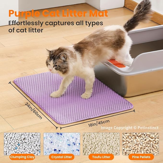 Cat Litter Mat, Double Layer Honeycomb Litter Box Mat | 24x18”, Efficient Litter Trapping, Easy to Clean, Waterproof, Non-Slip, Soft on Paws, Scratch Resistant, Purple, Large