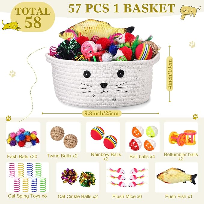 Zopeal 58 Pcs Summer Cat Storage Basket Gift Toys Set, Colorful Flashing Balls Pet Bell Crinkle Balls Spring Toys Attract Cat to Swat, Hunt, Interactive for Pet(White,9.8 Inch)