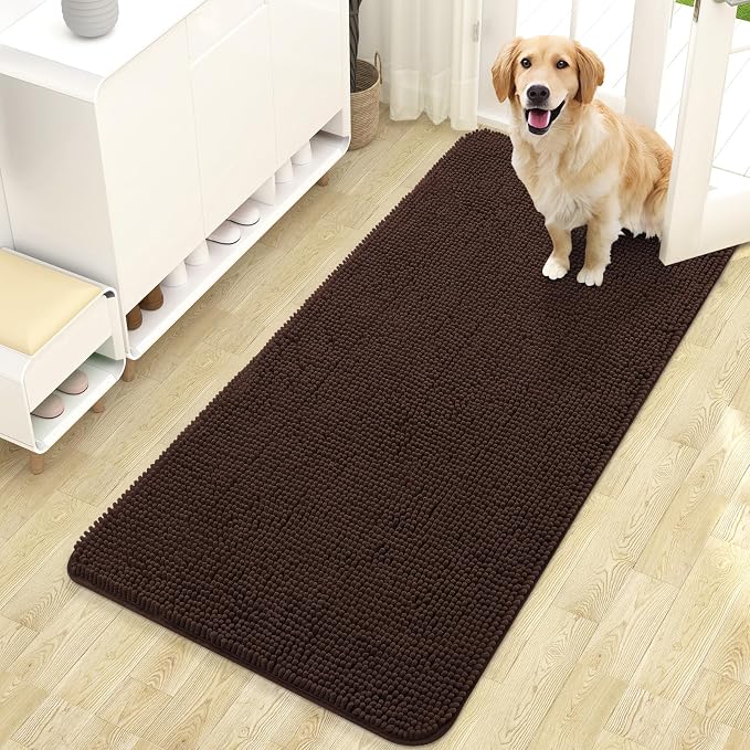OLANLY Dog Door Mat for Muddy Paws 47x24, Super Absorbent Chenille Mud Mat | Brown, Absorbs Moisture and Dirt, Non-Slip Machine Washable Doormat, Quick-Drying Indoor Entryway Floor Carpet for Dogs