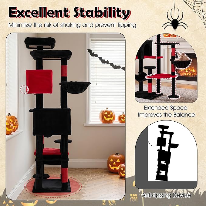 75-inch Gothic Cat Tree, Multi-Level Black Cat Tower | | Robust Scratching Posts | 2 Dual-Entry Comfy Cat Condo | Rotatable Side Baskets Bed | Spider-Shaped Hanging Toy | Hammock |