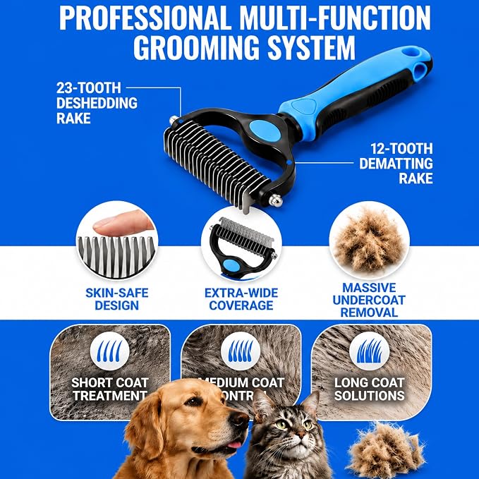 2-in-1 Double-Sided Pet Grooming Comb for Dogs & Cats - Deshedding Brush & Rounded-Tooth Dematting Tool | Painlessly Removes Knots, Tangles, Loose Undercoat & Fur in Thick/Long Coats (Blue-Large*2)