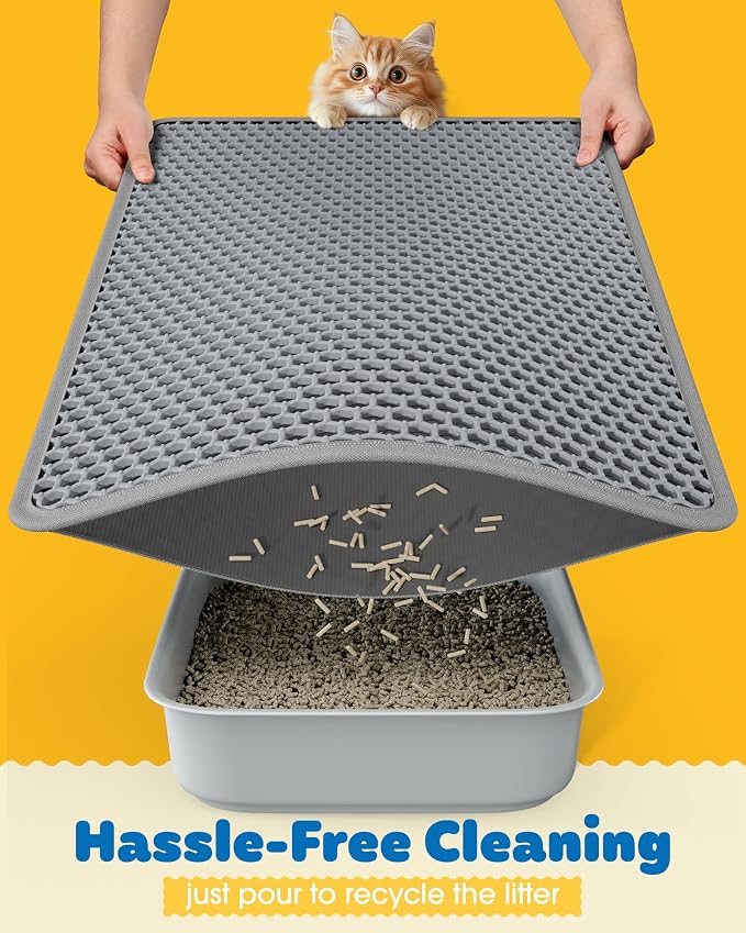 Powools Cat Litter Mat, 23.2 x 14.6 in, Waterproof, Non-Slip, Grey | Litter Trapping Mat, Easy to Clean, Litter Box Mat, Urine-Proof, Cat Toilet Training Systems Accessories, Indoor Cats