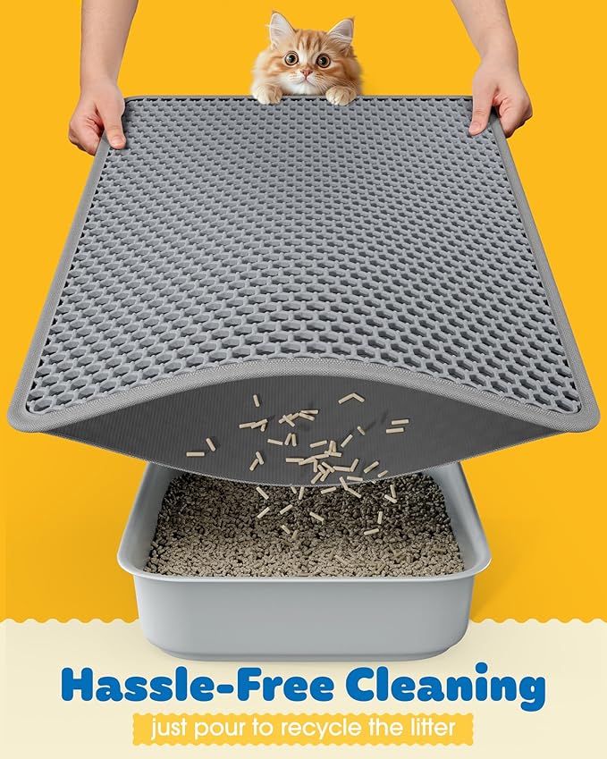 Powools Ultra-Large Cat Litter Mat, 35'' x 30", Double-Layer, Grey, 2 Pack | Urine-Proof, Non-Slip Litter Trapping Mat, Easy to Clean, Kitty Litter Mats for Floor, Scatter Control