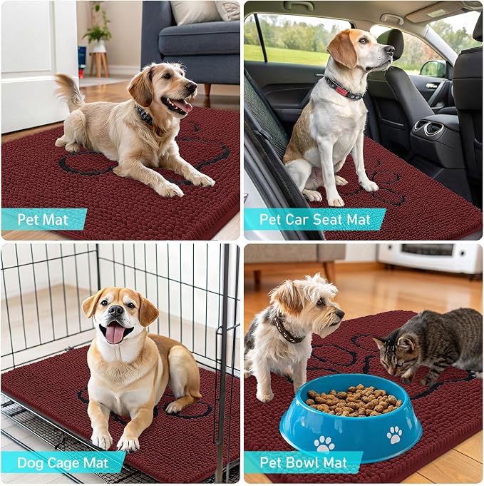 OLANLY Dog Door Mat for Muddy Paws 36x24, Paw Print Design Chenille Mud Mat | Caramel Russet, Absorbent, Traps Moisture and Dirt, Non-Slip Washable Doormat, Quick-Dry Indoor Entryway Carpet for Dogs