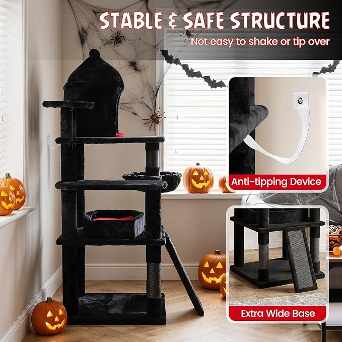50-inch Gothic Cat Tree, Multi-Level Black Cat Tower | | Robust Scratching Posts | Coffin Bed | Castle-Shaped Comfy Cat Condo | Spider-Shaped Hanging Toy | Scratching Ladder |