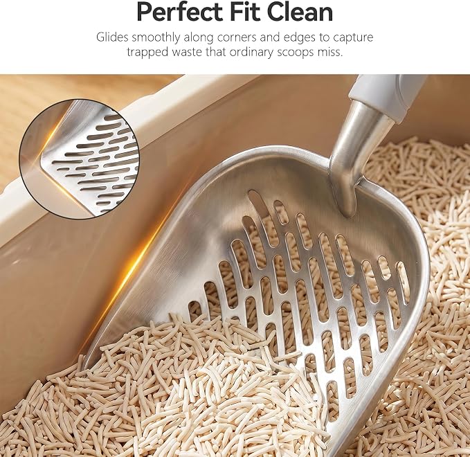 Cat Litter Scoop, Kitty Metal Scooper, Heavy Duty Aluminum Deep Sifter with Long Handle, Rustproof Durable Kitten Poop Shovel for Travel & Small Litter Box