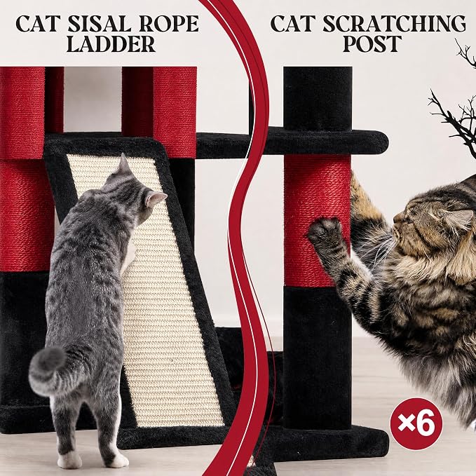 Globlazer Heavy Duty Gothic Cat Tree, 72in Large Cat Tower with Coffin Bed, Sturdy Maine Coon Cat Tree for Large Cats 20 lbs+, Medieval Castle Style with 6 Scratching Posts & Hammock, S72, Black & Red