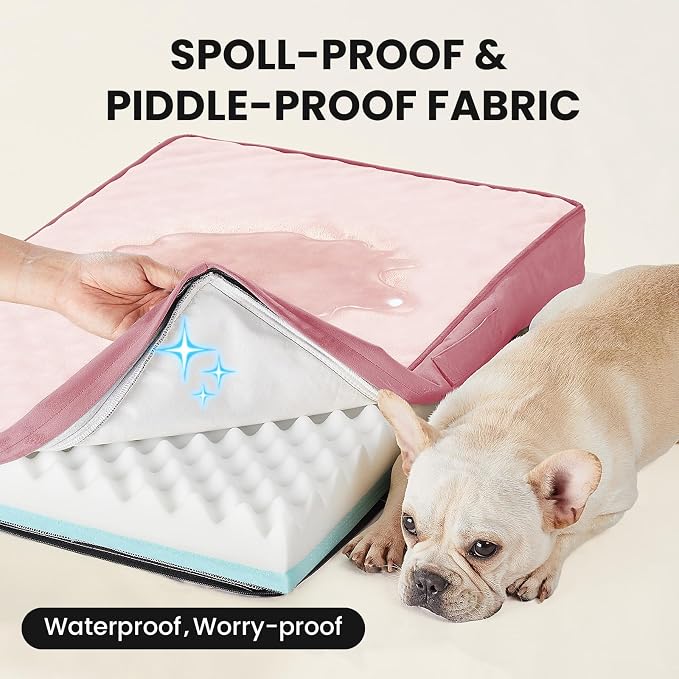 OhGeni Orthopedic Waterproof Medium Dog Bed, Memory Foam, 30 inch(Pink) | Machine-Washable Removable Cover in Easy-Clean Fabric, Reversible Memory Foam & Easy-Carry Handle, Suitable for Crate
