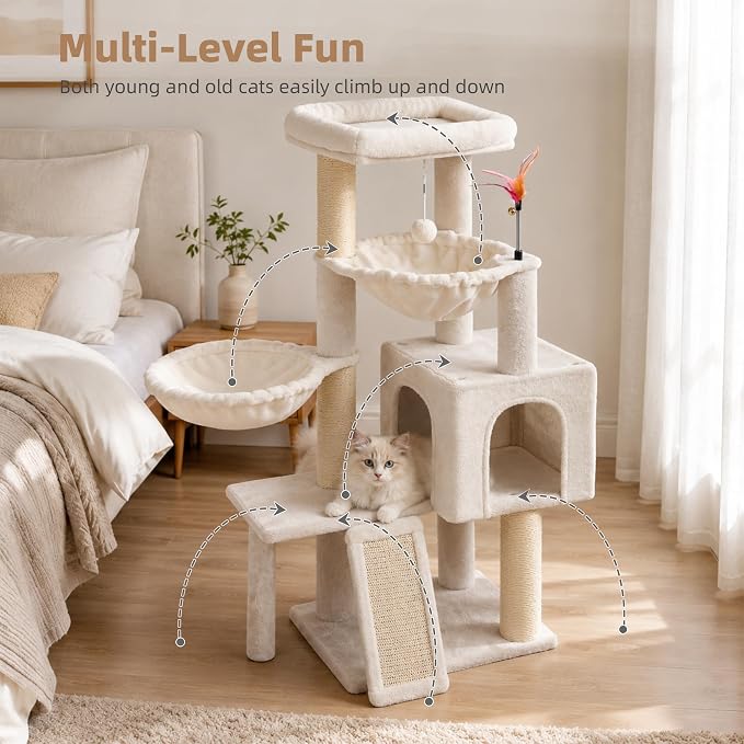 Cat Tree with Cat Condo and Two Hammocks, Cat Tree with Scratching Posts and Scratching Pads, Cat Tower for Indoor Cats, Activity Centre Climbing Tree with Playful Toy Balls, Beige