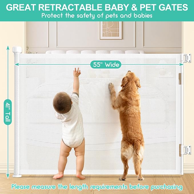 55 Inch Retractable Baby Gates Extra Wide, 41 Inch Reinforced Extra Tall Gate Mesh Safe Gate for Kids Pets, Retractable Dog Gate Baby Retractable Gate for Stair Hallway Doorway Indoor Outdoor, White