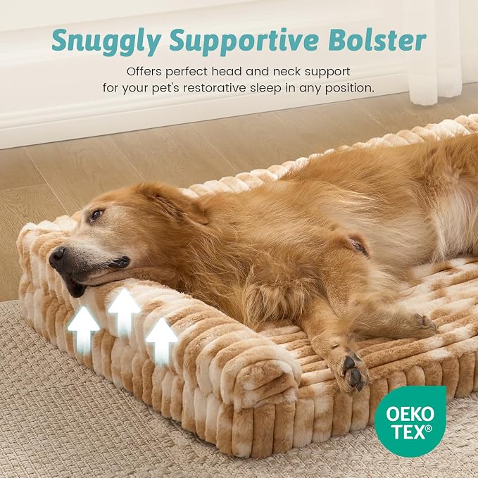 COZY KISS Faux Rabbit Fur Extra Large Dog Bed – 48"x35" Orthopedic Foam Couch with Sides, Removable Washable Cover & Waterproof Lining, Grey