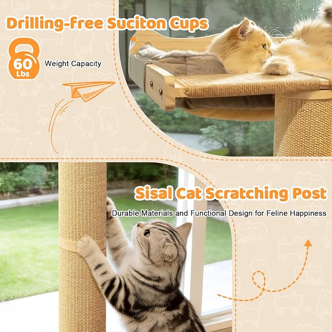 Cat Window Perch Hammock with 3-Piece Detachable Roman Column Sisal Scratching Posts, Gray Fluffy Cusion, Drill-Free Suction Cup Mount, Extra Large for Large Cats & Maine Coons, 60 LBS Capacity