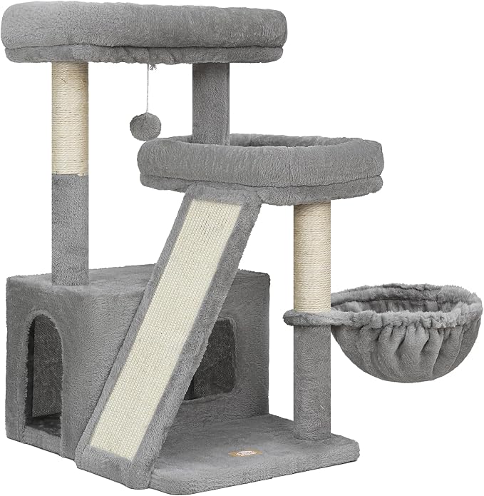 Heybly Compact Cat Tree with Big Scratcher, Stable Cat Tower HCT206SW | 27.2" Cat Furniture with 2 Top Perches, Floor Cat Condo, Cozy Hammock, Space-Saving Cat Activity Center, Light Gray