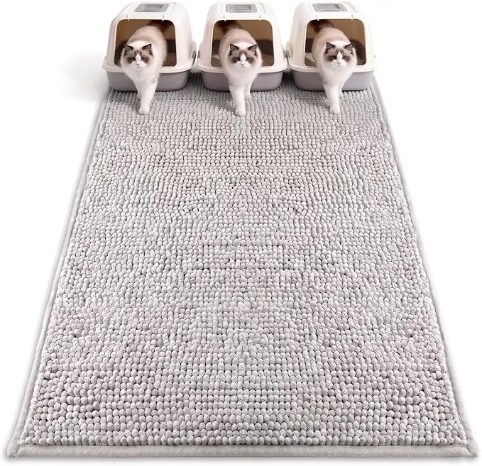 Pieviev Soft Chenille Cat Litter Box Mat, Ultra Absorbent, 48'' x 36'' | Long Plush Chenille Traps Cat Deeply, Waterproof Tpr Anti-Slip Backing, Absorbs Moisture, Machine Washable Cat Mat