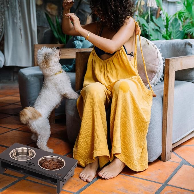 HTB Elevated Dog Bowl Stand with 2 Stainless Steel Bowls-4" H Small Black | Raised Dog Bowl Stand, 4"tall, 21 Oz Bowls, for Small Sized Dogs, Pet-safe, Solid Bamboo