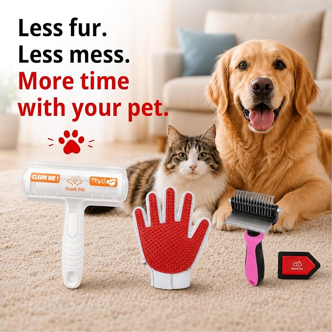 Ozark 4-in-1 Pet Care & Pet Hair Control System for Dogs & Cats – Deshedding Tool, Pet Hair Remover, Grooming Glove, Detail Cleaner for Furniture, Couch, Carpet, Home & Car (Red, Combo 4-in-1 Large)